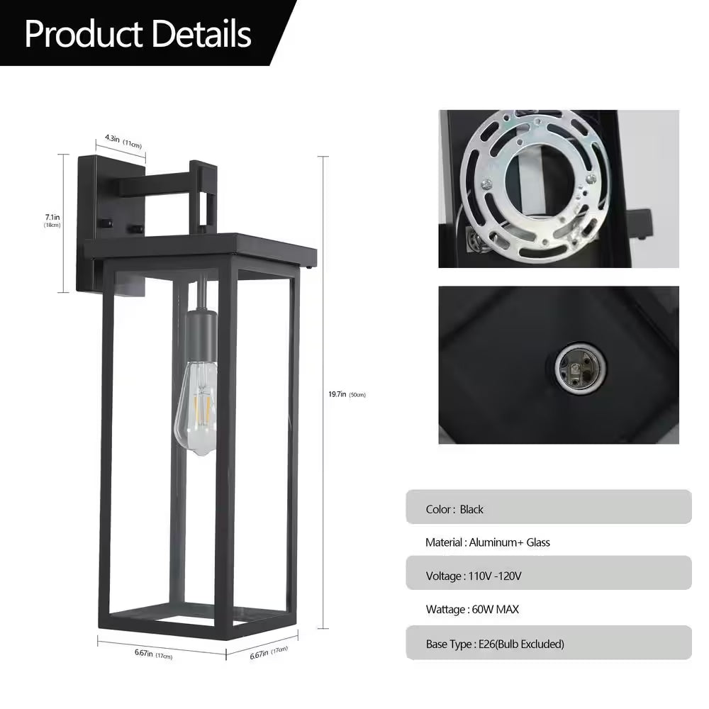20 In. 2-Pack Black Motion Sensing Dusk to Dawn Outdoor Hardwired Wall Lantern Sconce Clear Glass with No Bulbs