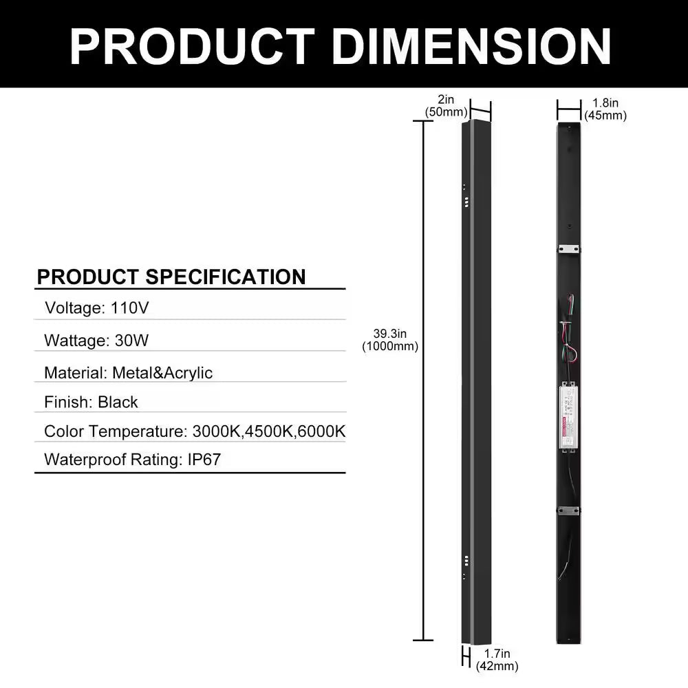 39 In. 30-Watt Black Outdoor Linear Waterproof 3000/4500/6000K Integrated LED Wall Lantern Sconce