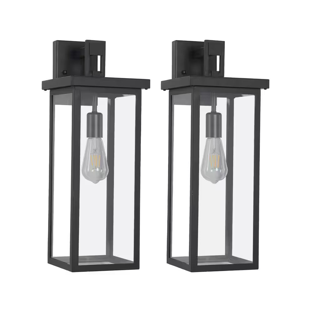 20 In. 2-Pack Black Motion Sensing Dusk to Dawn Outdoor Hardwired Wall Lantern Sconce Clear Glass with No Bulbs